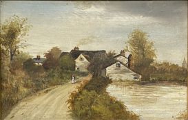Framed oil on board of a cottage, signed Claudia Fleming