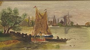 Framed oil on board of a Dutch river scene