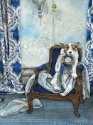Framed and glazed mixed media of a dog in a chair
