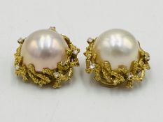 Pair of 18ct gold, diamond and mabe pearl earrings earrings