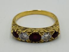 18ct gold five stone ring set with three rubies and two diamonds
