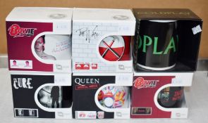 6 x Assorted Rock n Roll Themed Band Drinking Mugs - Includes Bowie, Pink Floyd, Coldplay, The Cure,