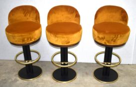 3 x Bar Stools Featuring Crushed Velvet Amber Seats with Back Rests and 360 Degree Brass Foot Rests