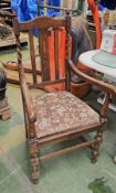 3 x Antique Carver Dining Chairs - Crafted From Oak Featuring Barley Twist Spindles and Fabric Seats