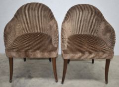 2 x Lounge Chairs Featuring Thin Striped Brown Upholstery, Curved Backs and Tapered Legs