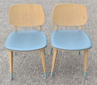 12 x Contemporary Restaurant Dining Chairs Featuring a Light Wood Finish and Blue Seat Pads -
