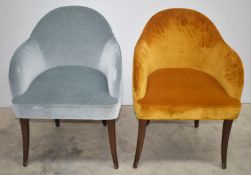 2 x Crushed Velvet Lounge Chairs Featuring Amber and Duck Egg Blue Upholstery and Curved Backs