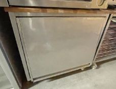 1 x Mobile Stainless Steel Prep Cabinet With Seven Removable Wire Shelves, Sliding Door & Wooden Top
