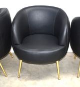 1 x Lounge Tub Chair Featuring Black Leather Upholstery and Brass Legs - Commercial Furniture