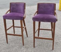 6 x Contemporary Restaurant Bar Stools Featuring Purple Velvet Seats and Dark Wooden Frames with