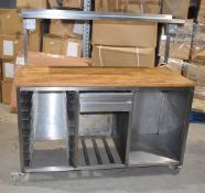 1 x Stainless Steel Mobile Prep Bench Featuring a Block Wood Prep Surface, Storage and 240v Sockets