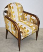 1 x Lounge Chair Featuring Midcentury-Inspired Geometric Upholstery and Curved Wooden Armrests