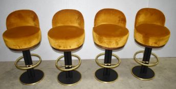 4 x Bar Stools Featuring Crushed Velvet Amber Seats with Back Rests and 360 Degree Brass Foot Rests