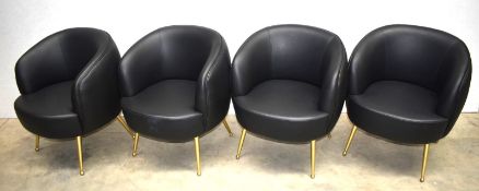 4 x Lounge Tub Chairs Featuring Black Leather Upholstery and Brass Legs - Commercial Furniture