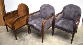 3 x Art Deco Style Armchairs with Velvet Upholstery and Curved Wooden Armrests