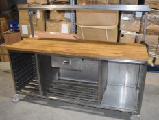 1 x Stainless Steel Mobile Prep Bench Featuring a Block Wood Prep Surface, Storage and 240v Sockets