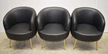 3 x Lounge Tub Chairss Featuring Black Leather Upholstery and Brass Legs - Commercial Furniture