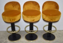 3 x Bar Stools Featuring Crushed Velvet Amber Seats with Back Rests and 360 Degree Brass Foot Rests