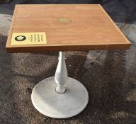 4 x Wooden Topped Bistro Tables Featuring Inlaid Brass Work And Sturdy Metal Bases