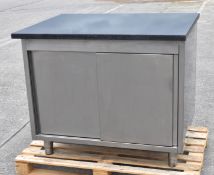 1 x Stainless Steel Commercial Kitchen Island Featuring Sliding Doors, Internal Shelf and a Stone