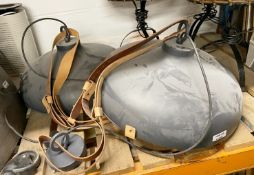 2 x Large Dome Ceiling Light Pendants With Leather Handing Straps and Ceiling Rose Hanger