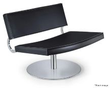 A Pair Of Genuine Hide Upholstered Swivel Lounge Chairs in Black with Stainless Steel Bases