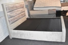 1 x Bespoke Handcrafted Double Bed, Upholstered in a Pale Cream Faux Suede Fabric - Recently Removed