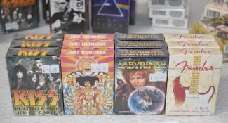 12 x Packs of Themed Playing Cards Featuring Jimi Hendrix, Fender Guitars, Labyrinth and Kiss -