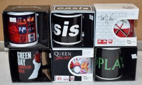 6 x Assorted Rock n Roll Themed Band Drinking Mugs - Includes Green Day, Oasis, Coldplay, Bowie,