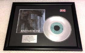 1 x Framed BON JOVI Silver 7 Inch Vinyl Record - BAD MEDICINE - Mounted and Presented in a Black