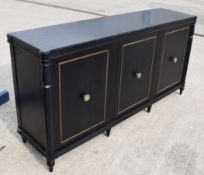 1 x Opulent 3-Door French Period-Style Handcrafted Solid Wood Cabinet in Black, with Brass Inlaid