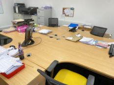 4 x L Shape Beech Office Desks With Grey Pedestals and Swivel Chairs