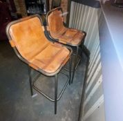 2 x Vintage Charlotte Perriand Les Arc-style Leather and Metal Bar Stools