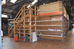 1 x Mezzanine Floor Over a Large Collection of Shelving With Timber Staircase - Size: 3m x 12m x 9m