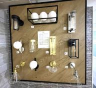10 x Assorted Ex Display Wall Lights Fitted onto a Large Oak Display Board With Black Metal Frame
