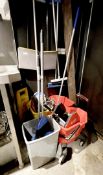 1 x Assorted Collection of Cleaning Accessories Including 3 x Commercial Mop Buckets, 5 x Brushes