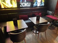 6 x Square Restaurant Tables Featuring Steel Pedestals With Wooden Tops and Rounded Metal Edge