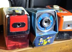 3 x Vintage Japanese Manual and Electric Pencil Sharpeners by Mitsubishi and Hitachi