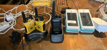 1 x Assorted Collection of Items Including Dojo Card Readers, Walkie Talkies, Extension Sockets