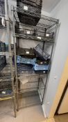 1 x Five Tier Wire Shelving Unit with a Collection of Plastic Baskets