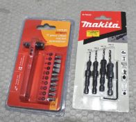 1 x 4-Piece Makita Counter Sink Drill Set & 11-Piece Amtech Offset Ratchet Screwdriver - Original