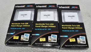 3 x INFAPOWER Worldwide Twin Usb Travel Chargers - 3400Ma - Original Retail £56.85 - Ref: HW577/HWP7