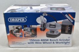 1 x DRAPER 150Mm 400W Bench Grinder With Wire Wheel & Worklight - Original Retail £103.40 - Ref: