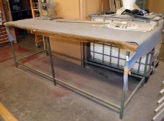 1 x Large Industrial Metal Work Table With Wooden Top and a Vinyl Top Cover