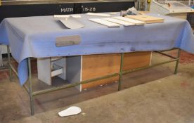 1 x Large Industrial Metal Work Table With Wooden Top and a Vinyl Top Cover
