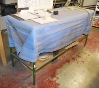 1 x Large Industrial Metal Work Table With Wooden Top and a Vinyl Top Cover