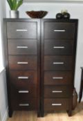 A Pair of Bespoke Solid Wood 6-Drawers Vertical Tallboy Bedroom Cabinets in a Dark Stain