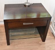 Pair of Bespoke Solid Wood 1-Drawer Bedside Table Units with Glass Under Shelf and Dark Stain Finish