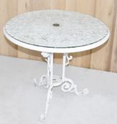 1 x Cast Metal Glass-Topped Garden Table with Three Legs and Ornately Worked Scroll Detail - Ref: