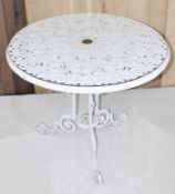 1 x Cast Metal Glass-Topped Garden Table with Three Legs and Ornately Worked Scroll Detail - Ref: